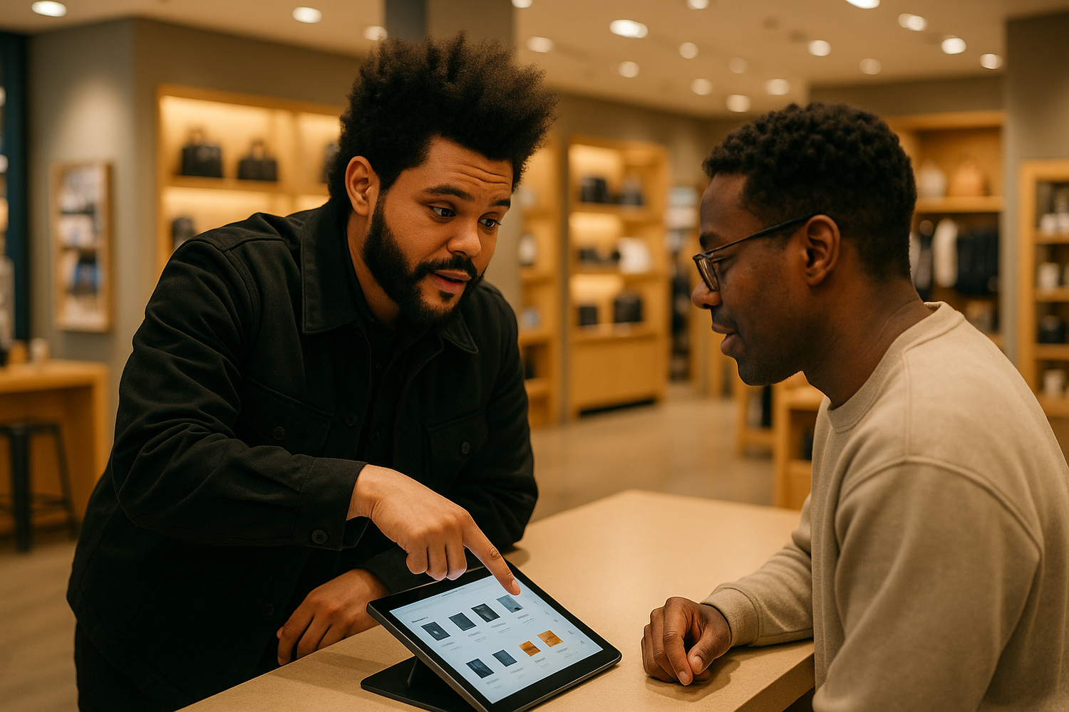 Make a pic of the weeknd helping a customer order